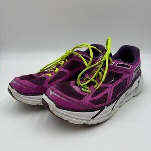Hoka One One Clifton Running Shoes Womens Size 10 Purple Mesh With Neon Laces